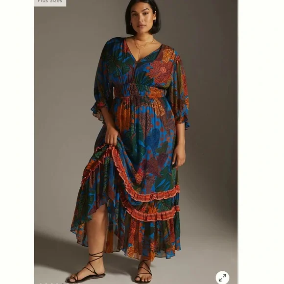 Anthropologie Farm Rio Blue puff sleeve maxi dress size XS - Picture 6 of 16